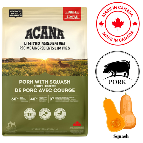 Acana Pork and Squash Dry Dog Food featuring a limited ingredient diet and high protein content