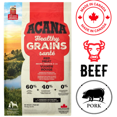 Acana Healthy Grains ranch-raised meat dog food with red meat and wholesome ingredients for balanced nutrition