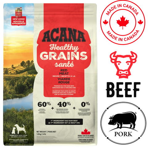 Acana Healthy Grains Red Meat Dog Food with ranch-raised meat for complete nutrition and health