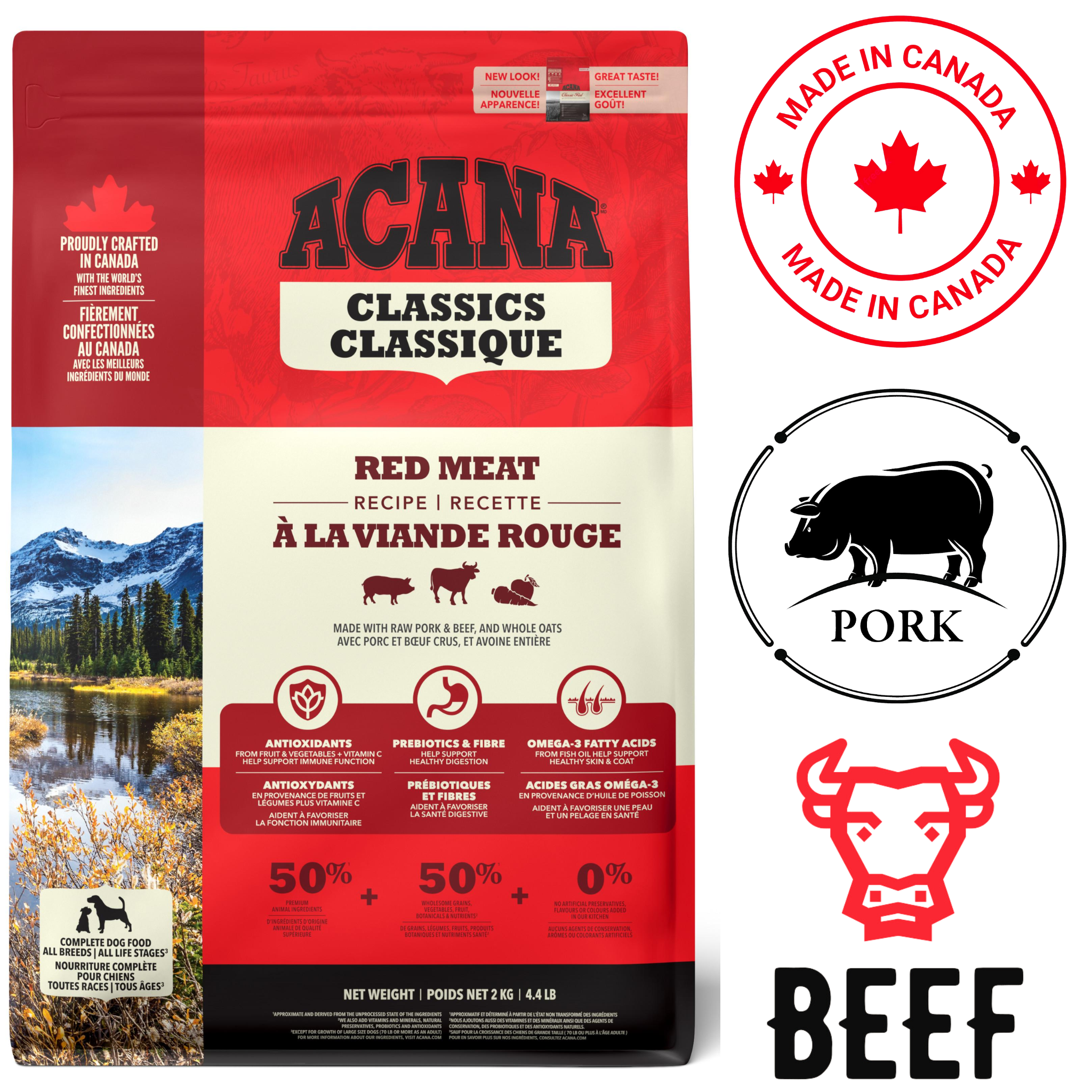 Acana Red Meat Dog Food featuring beef and pork with high-quality ingredients for balanced nutrition
