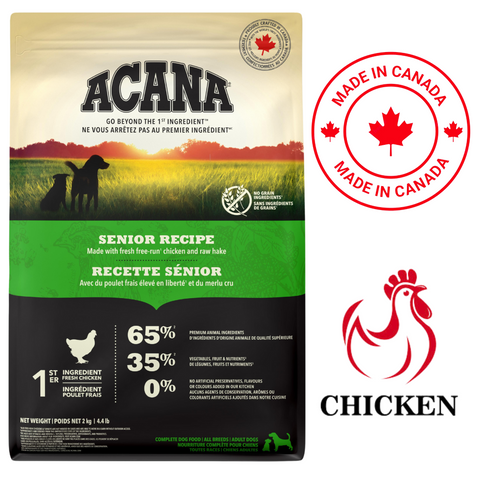 Acana senior chicken dry dog food made with fresh chicken and raw ingredients for senior dogs