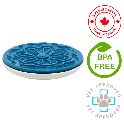 Aikiou blue slow feeder for dogs with floral maze design BPA free made in Canada vet approved