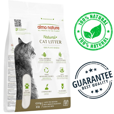 Almo Nature plant based cat litter bag with natural, compostable, and flushable features for eco-friendly cat care