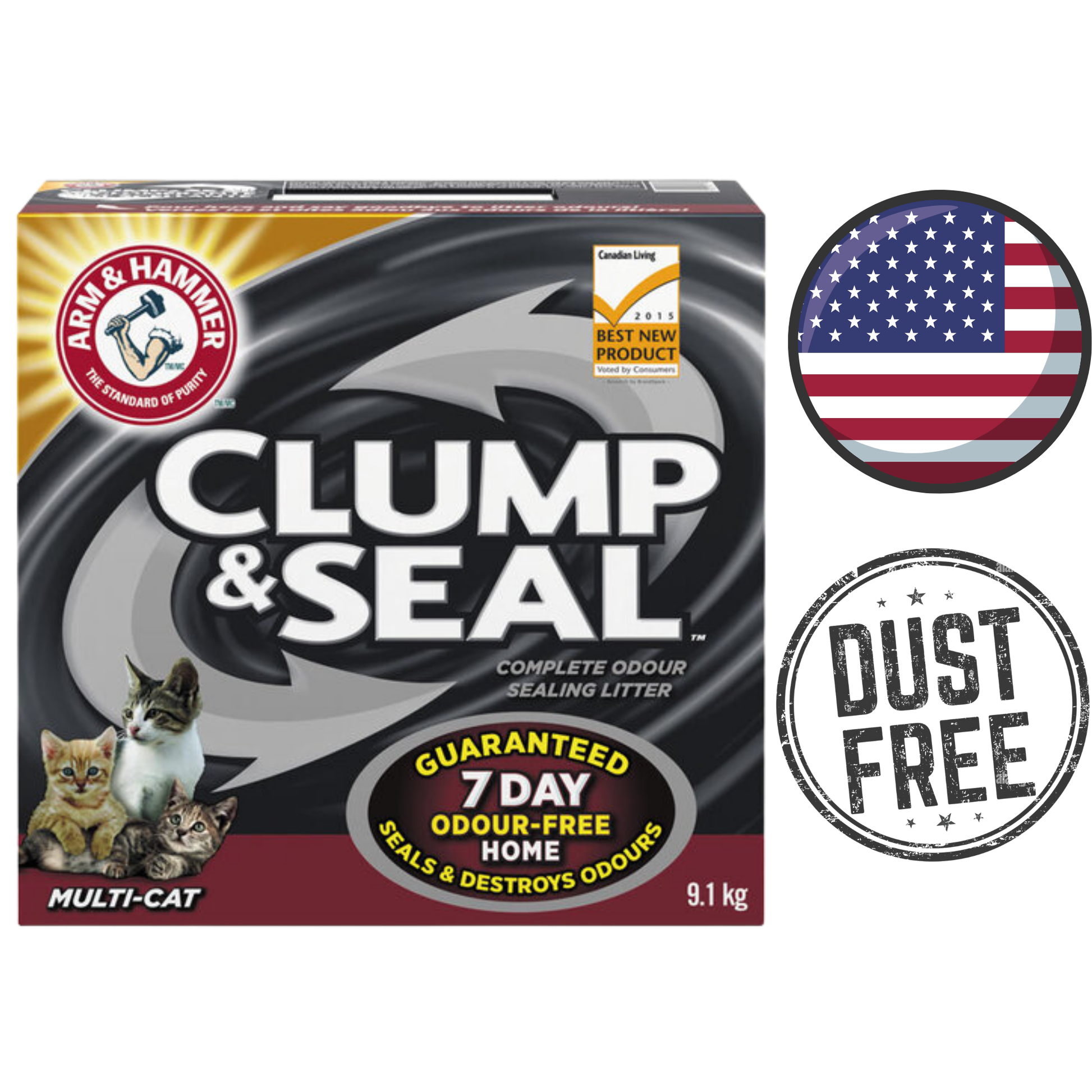 Arm and Hammer Clump and Seal multi cat litter box with three cats and dust free badge odor control cat litter 20 lb.