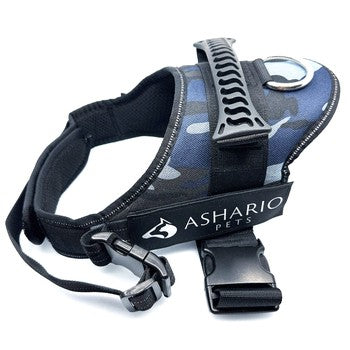 Ashario Pets medium reflective no-pull dog harness in blue camo with adjustable straps and sturdy buckle
