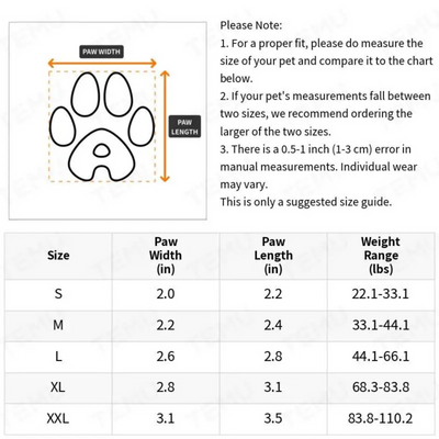 Ashario pets non-slip dog shoes size guide showing paw width and length measurements with weight range
