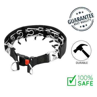 Ashario pets quick release prong dog collar in black with metal prongs and plastic buckle