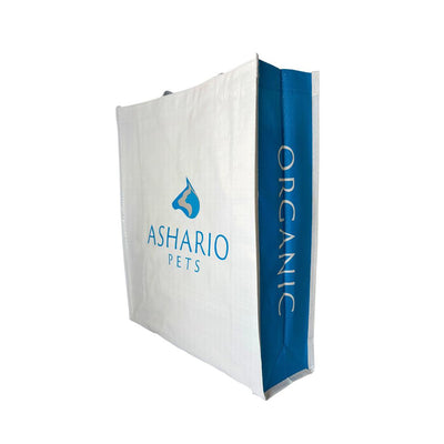 Ashario Pets reusable bag white with blue side panel and organic text for eco-friendly shopping