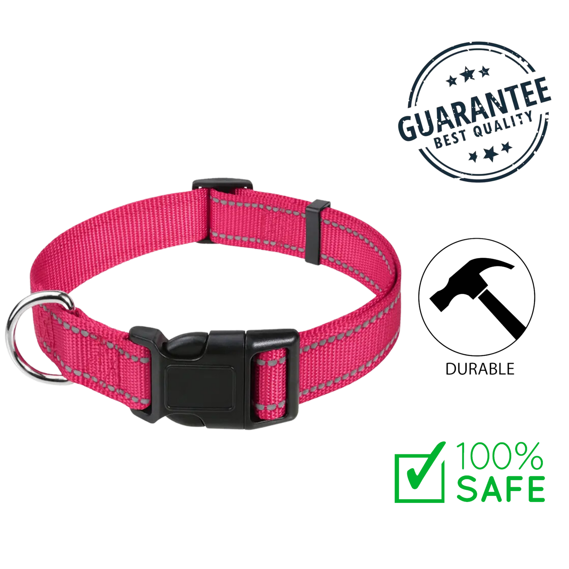 Ashario pets small adjustable nylon dog collar in pink with durable buckle and reflective stitching