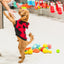 Dog playing with ashario teeth cleaning ring in a pet store filled with colorful toys