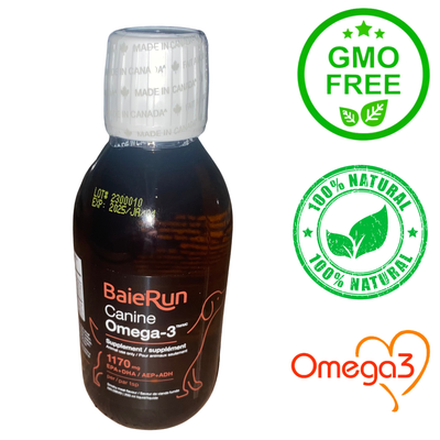 BaieRun Canine Omega 3 supplement bottle for dog health with GMO free and 100 percent natural labels
