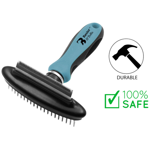 Baxter & Bella small dog deshedding comb with blue ergonomic handle for gentle pet grooming
