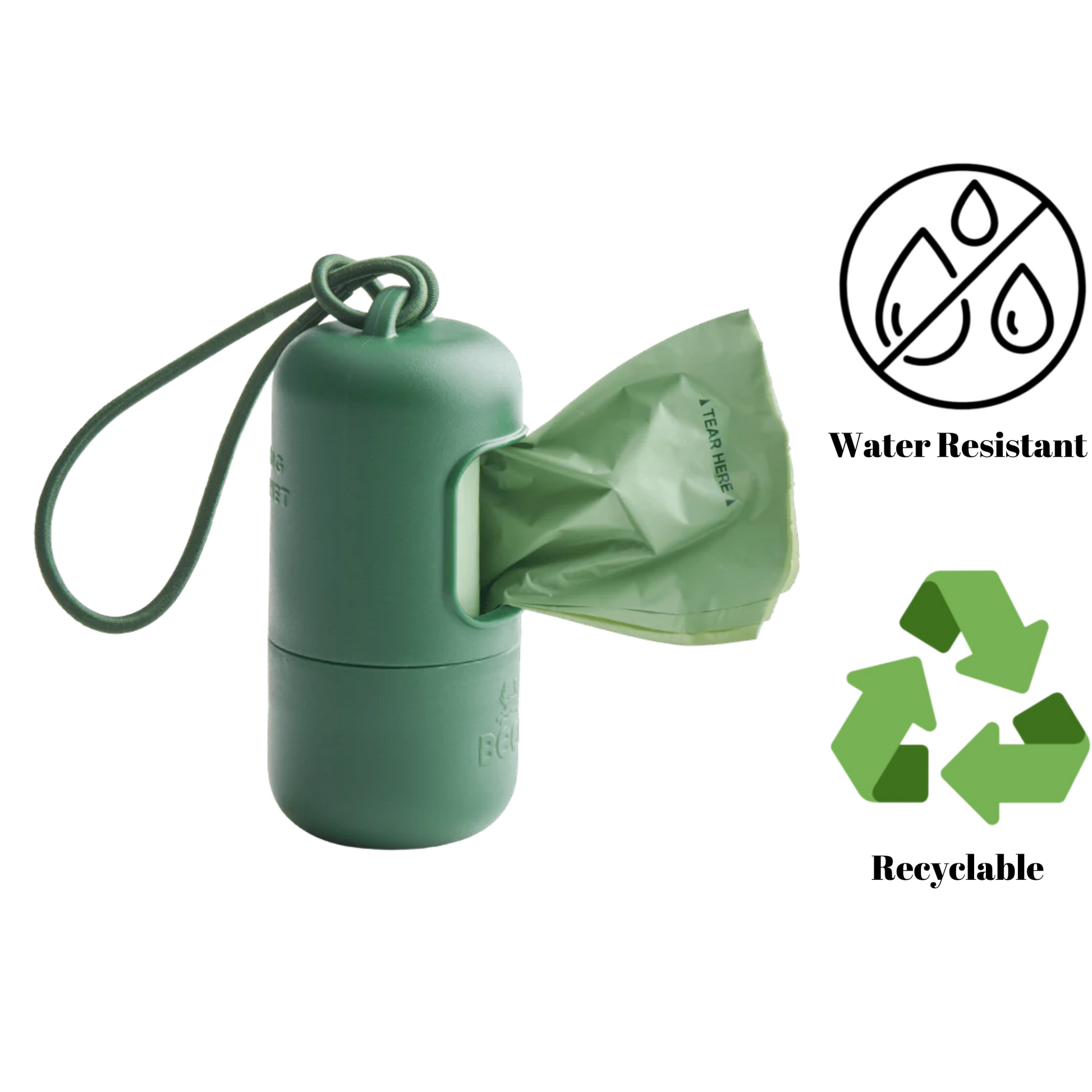 Beco recycled plastic poop bag dispenser in green with water resistant and recyclable features