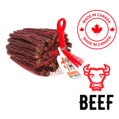 Benko beef dog treats with garlic in a red mesh bag, made in Canada for healthy pet snacks