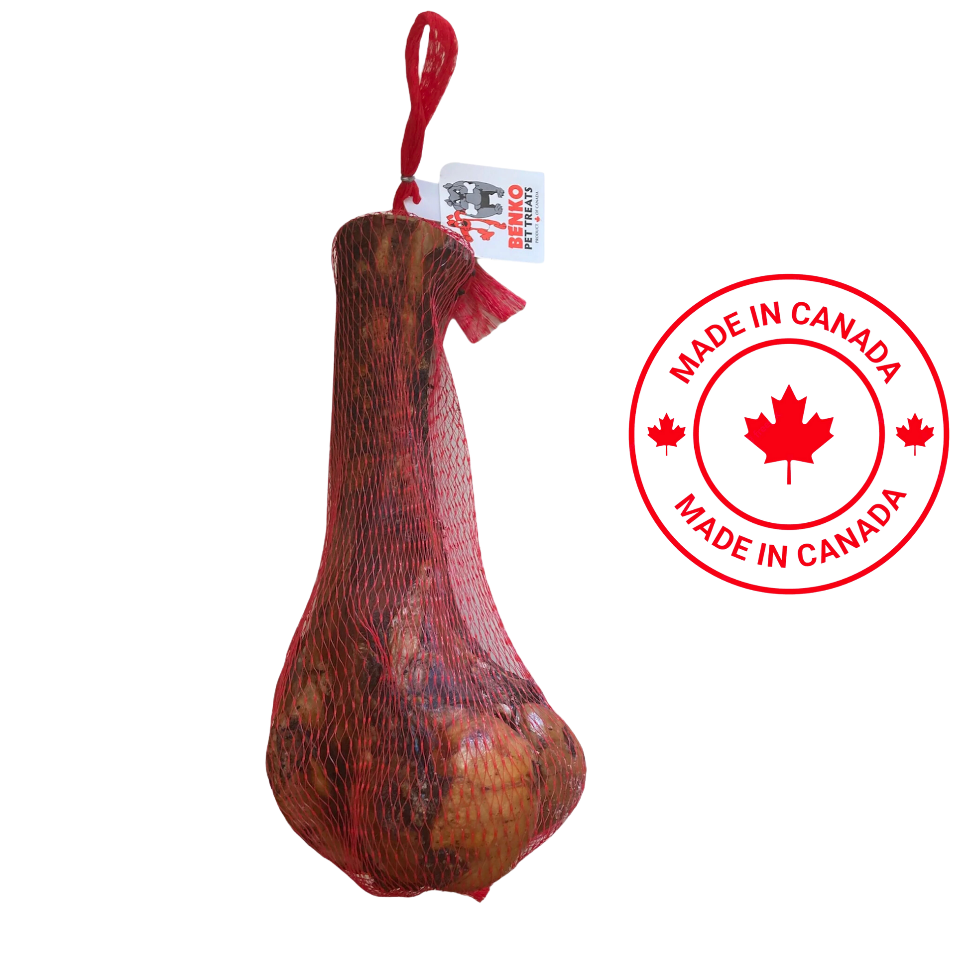 Benko dino mini dog treat packaged in red netting with Made in Canada label