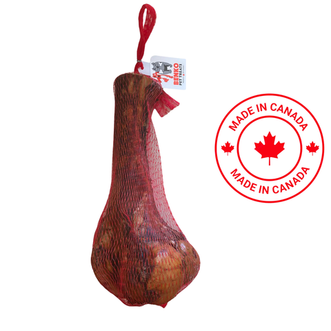 Benko dino mini dog treat packaged in red netting with Made in Canada label