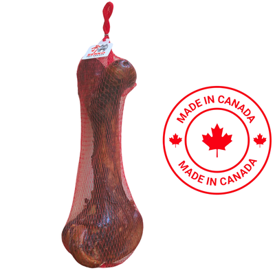 Benko Dino super dog chew large natural bone dog treat in red mesh packaging made in Canada