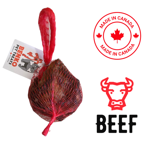 Benko mini beef bite for dogs in red mesh bag with beef logo and made in Canada label
