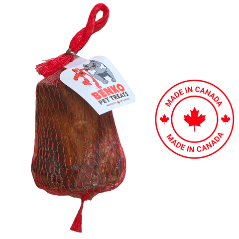 Benko small marrow dog treat in red netting made in Canada for dogs