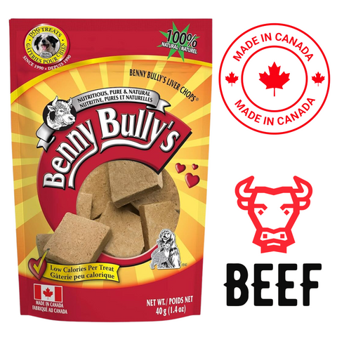 Benny Bully Liver Chops dog treats in a brown bag, made in Canada with low calories per treat