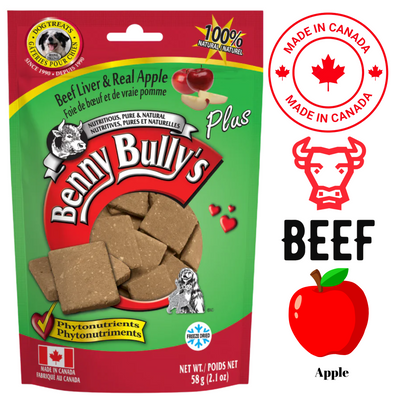 Benny Bullys beef liver apple dog treats in green and red packaging with real apple and beef liver ingredients