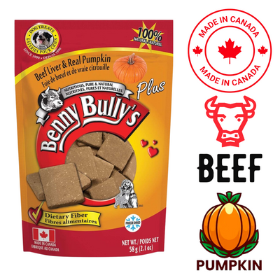 Benny Bullys liver and pumpkin dog treats packaging with beef liver and real pumpkin flavor, 58 gram bag