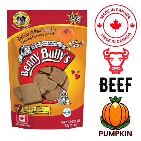 Benny Bullys liver and pumpkin dog treats packaging with beef liver and real pumpkin flavor, 58 gram bag