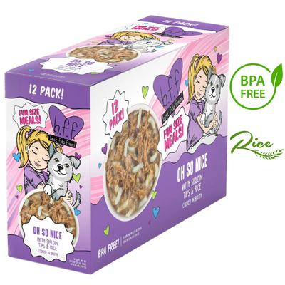 Weruva wet dog food in a 12-pack with beef and rice, BPA-free packaging for healthy pups