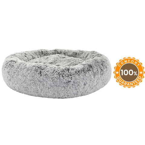 BuD'z budz calming dog bed for anxiety in soft gray plush fabric with comfort guarantee badge