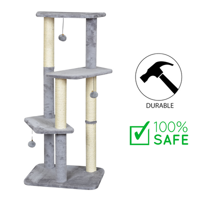 BuD'z budz cat tree with sisal posts in gray with multiple platforms and hanging toys for cats