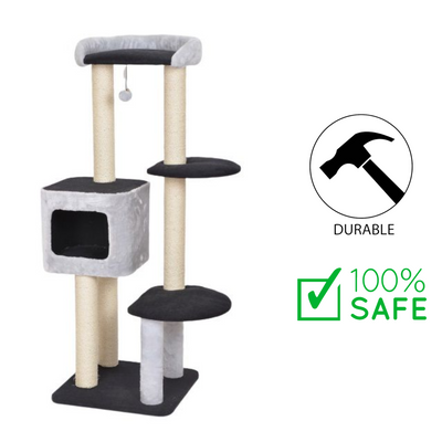 budz grey cat tree house with multiple platforms and cozy cubed hideout for cats