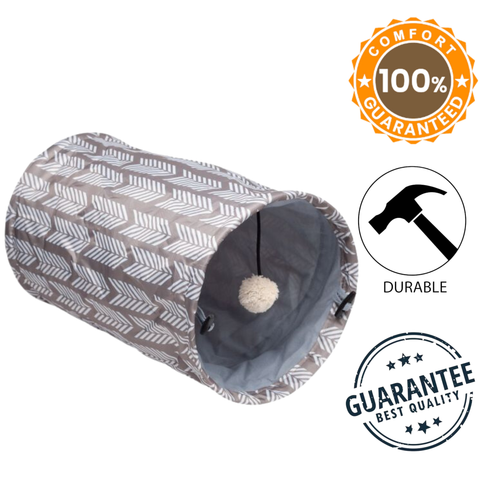BuDz grey cat tunnel with arrow pattern and hanging pom pom toy for playful cats