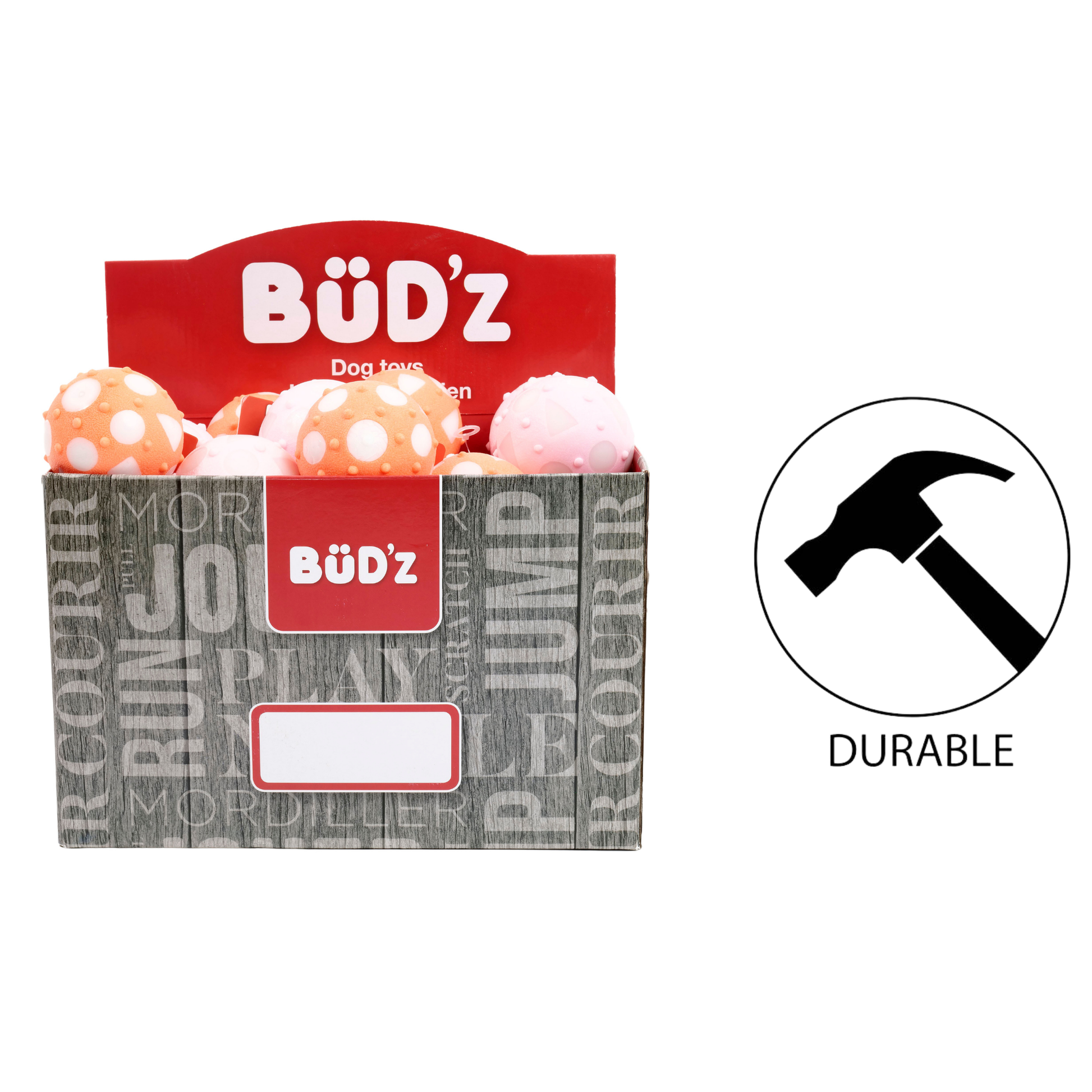 BuD'z large rubber balls dog toys in orange and pink polka dots displayed in a gray and red box