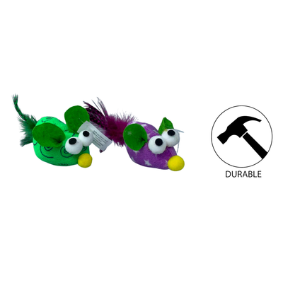 BuD'z budz mouse mix colours bulk cat toy with green and purple fabric and feather tails