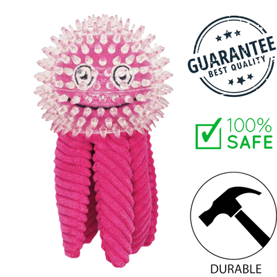 budz pink octopus dog toy with textured spiky head and soft rope legs for durable pet play