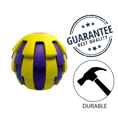 budz yellow rubber dog toy with treat hole designed for durable chewing and interactive play