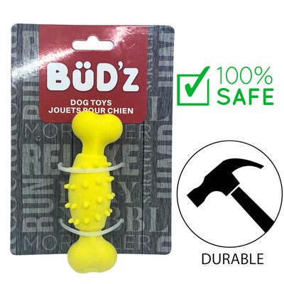 budz yellow rubber foam bone for dogs durable and safe textured chew toy by Bud'z