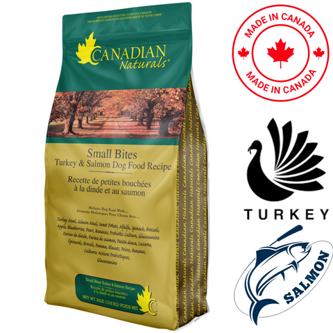 Canadian Naturals Small Bites bag of turkey and salmon dry dog food with Made in Canada label