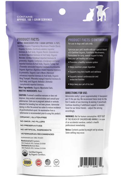 Canine Matrix Healthy Pet Mushroom Powder for Pets supplement bag with product facts and usage instructions