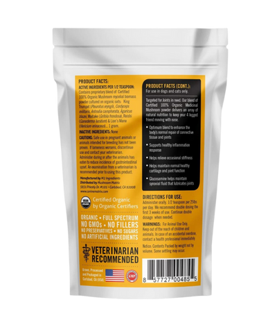 Canine Matrix joint flexibility for pets supplement in white resealable pouch with organic ingredients label