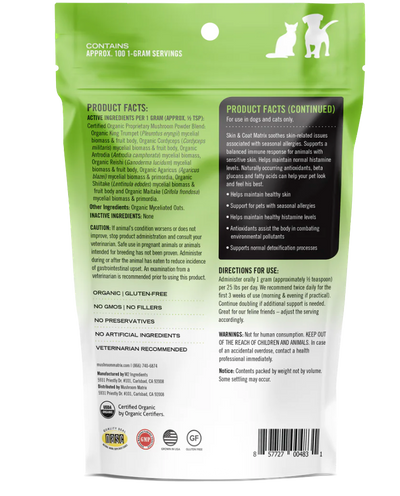 Canine Matrix Skin and Coat Mushroom Powder supplement bag for dogs and cats with natural ingredients for skin health