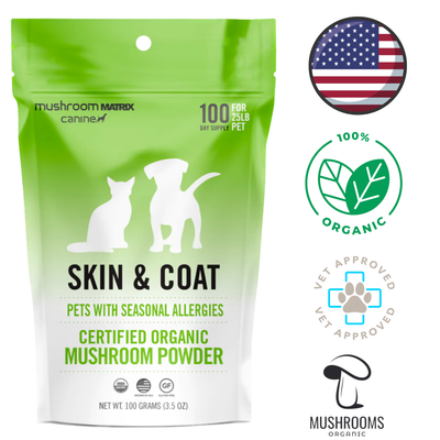 Canine Matrix skin and coat mushroom powder organic supplement for pets with seasonal allergies