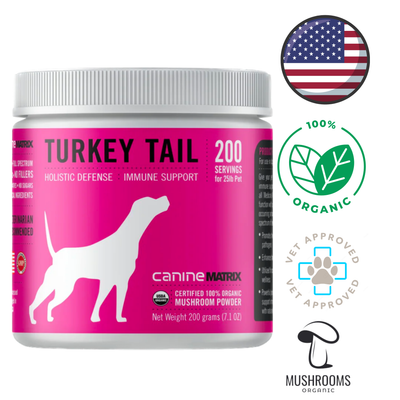 Canine Matrix turkey tail Mushroom Powder for Dogs with immune support and 200 servings in pink container