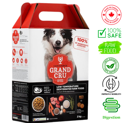 Grand Cru red meat dehydrated dog food in a 2 kg box features natural ingredients for optimal digestion