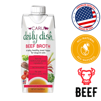 Caru beef broth for cats and dogs in a convenient carton with all-natural ingredients