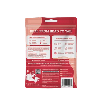 Charmy air dried beef spleen treats packaging with nutritional information and benefits listed
