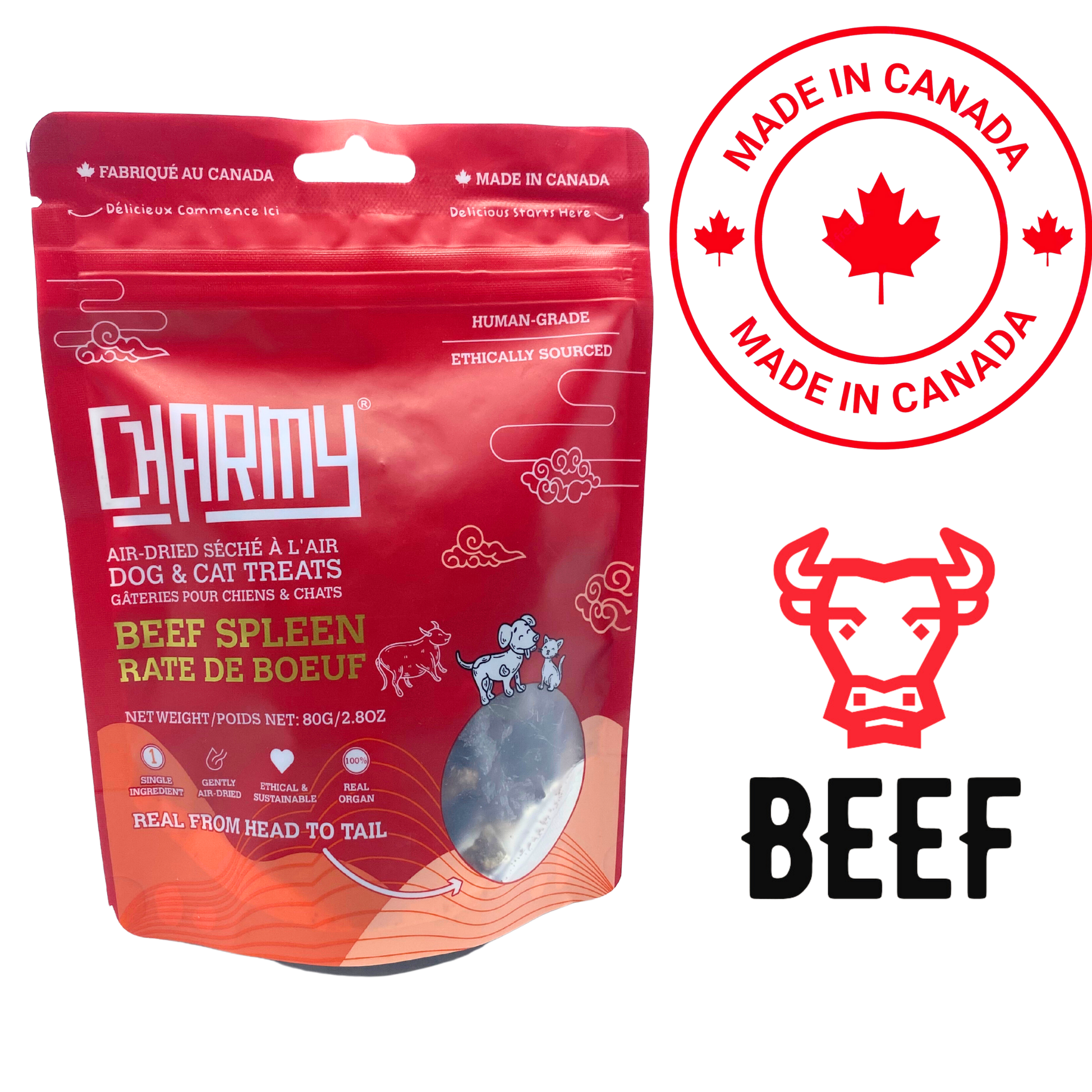 Charmy air dried beef spleen treats for dogs and cats in a resealable pouch, sourced in Canada