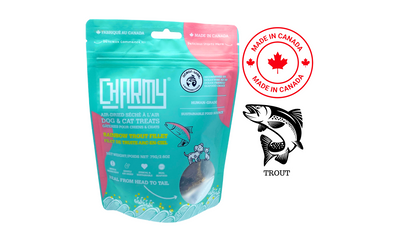 Charmy air dried trout dog treats in resealable teal and pink packaging made in Canada