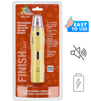 Conairpro cordless dog nail grinder in yellow with two-speed LED light for professional grooming