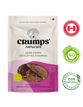Crumps' Natural Dehydrated Lamb Chop for Dogs in a resealable bag, with Canadian-made and natural product labels.